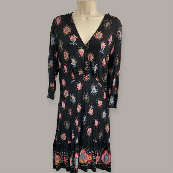 DESIGUAL Boho Floral V-neck Black Dress XL Fairy Whymsigoth - Picture 3 of 13